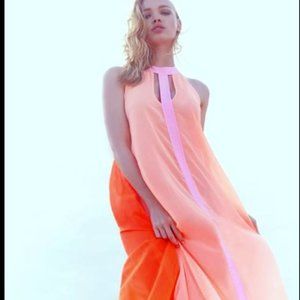 NWT Gorgeous Chiffon Semi Sheer Maxi Flowy Dress River Island Orange Pink